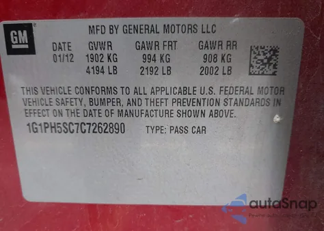 2012 Chevrolet Cruze Ltz z USA, uszkodzony, nr VIN 1G1PH5SC7C7262890